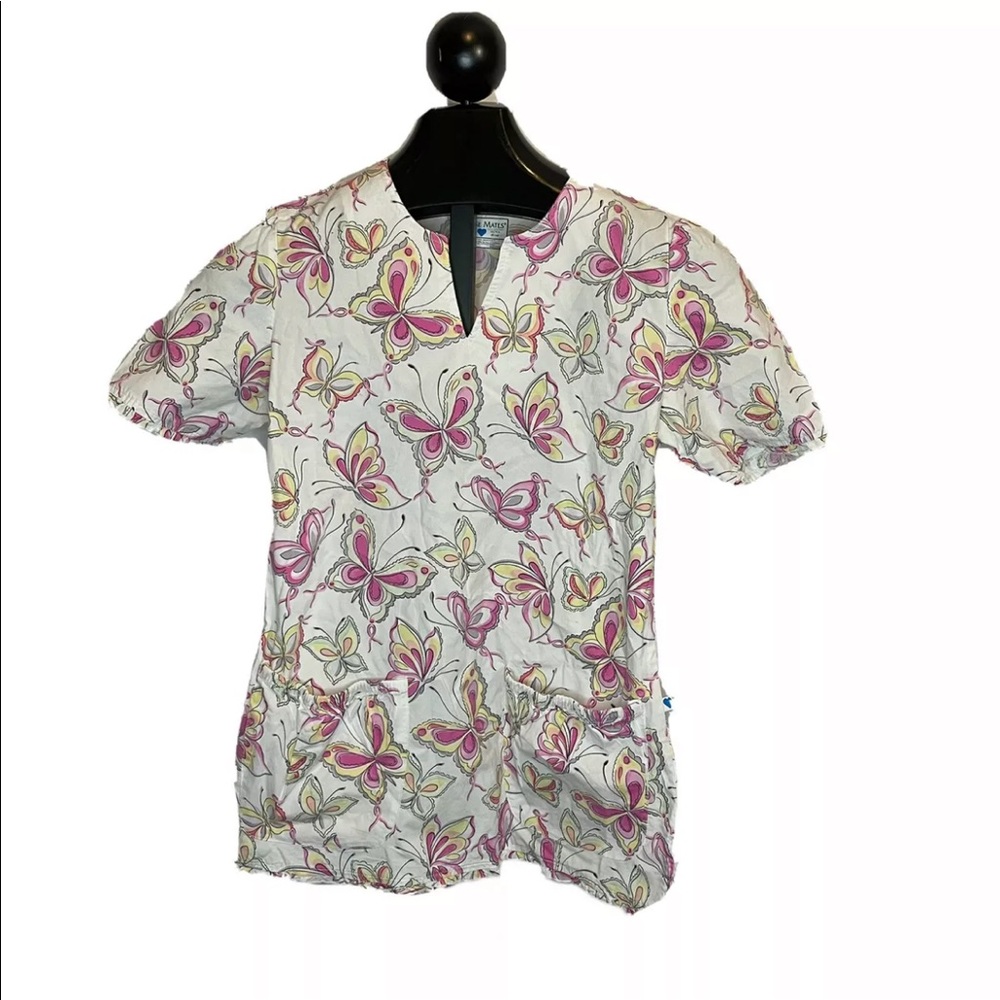 Nurse Mates Women’s White Pink Yellow Butterfly Scrub Top Size Small